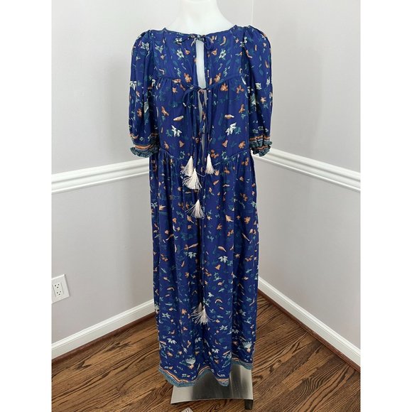 NATALIE MARTIN Haley Silk Short Sleeve Tassel Maxi Dress Blue Printed Size XS - Picture 4 of 6
